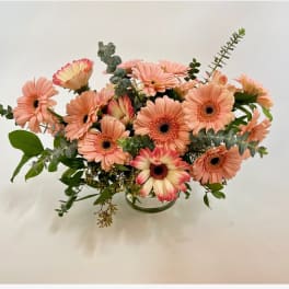 Peach gerbera daisy bouquet in a glass vase