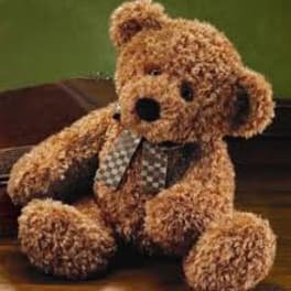 Brown teddy bear with a checkered ribbon sitting on a wooden surface