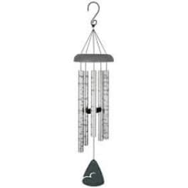 Hanging metal wind chime with tubular silver chimes and a dark clapper