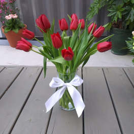 Red tulips in a clear glass vase tied with a white ribbon