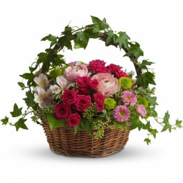 Basket arrangement of pink roses, ranunculus, white alstroemeria, and green mums with an arching ivy handle