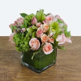 Low cube arrangement of peach roses, green orchids, and green dianthus in a glass vase