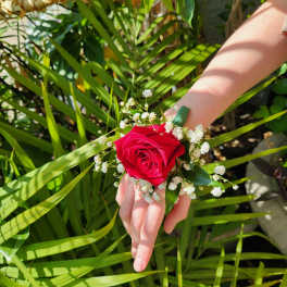 Red rose wrist corsage with white baby's breath on a person's wrist