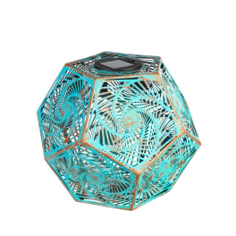Turquoise geometric metal lantern with a solar panel on top