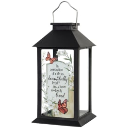 Black memorial lantern with floral and butterfly printed insert