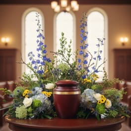 Cremation urn surrounded by blue delphinium, hydrangeas, white roses and yellow flowers in a chapel.