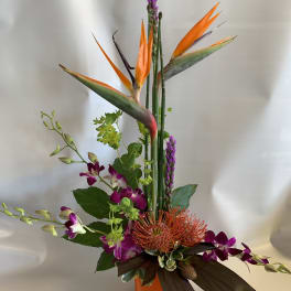 Tall tropical arrangement with orange bird of paradise and purple orchids in a vase