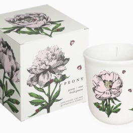 Peony-printed candle in a white glass jar with matching box