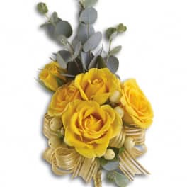 Yellow roses with eucalyptus and gold ribbon accents