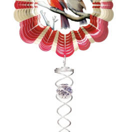 Decorative hanging ornament with two birds and red fan-shaped accents