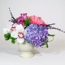 Colorful floral arrangement in a white vase with hydrangea, roses, orchids, and pink blooms