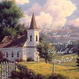 A church with a steeple under a cloudy sky and a memorial quote overlay