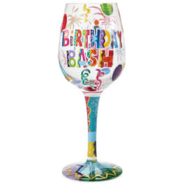 Decorative wine glass with colorful birthday text and confetti graphics