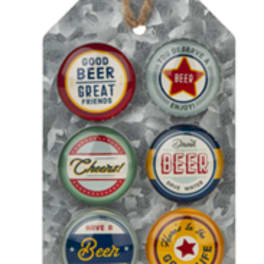 Metal wall sign with six beer-themed round plaques and a rope hanger
