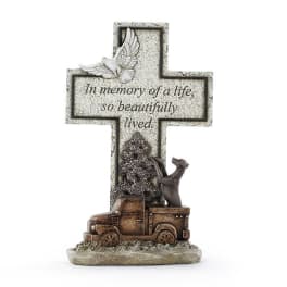 Memorial cross plaque with a dove and pickup truck figurine