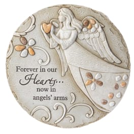 Round memorial plaque with an angel and the words "Forever in our Hearts"