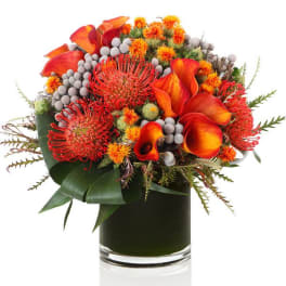 Orange calla lilies and red pincushion flowers in a glass vase