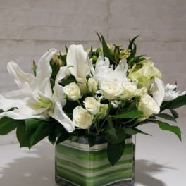 White flowers arranged in a square glass vase with green stripes