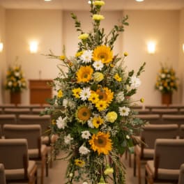 Tall standing spray of yellow sunflowers, white daisies, and yellow carnations on an easel in a chapel.