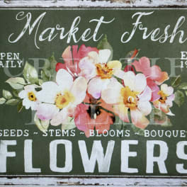Floral shop sign with painted pink and white flowers on a green background