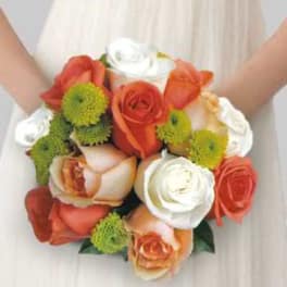 Bridal bouquet of orange, white, and green flowers