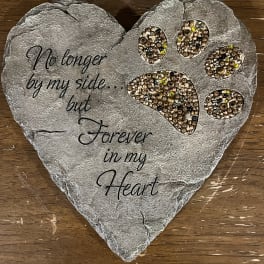 Heart-shaped memorial plaque with paw prints and the words "Forever in my Heart"