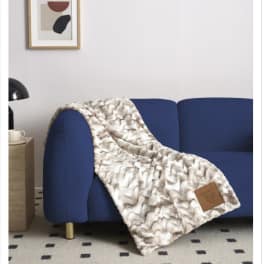 Patterned throw blanket draped over a blue sofa