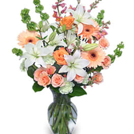 Tall bouquet of white lilies and peach roses with gerberas and snapdragons in a clear glass vase