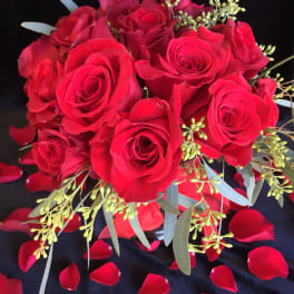 Bouquet of red roses with scattered rose petals on a dark background