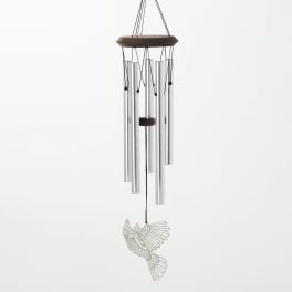 Silver wind chime with a bird ornament hanging below