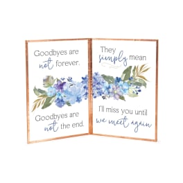 Folded sympathy sign with blue floral watercolor and farewell text