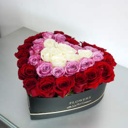 Heart-shaped box of red, pink, and white roses