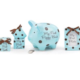 Blue polka-dot baby keepsake set with piggy bank and photo frame