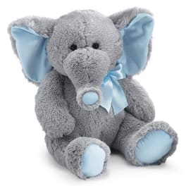 Gray plush elephant with light blue ears and ribbon