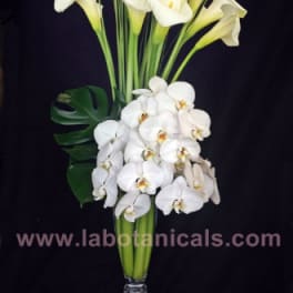White calla lilies and orchids arranged in a tall glass vase