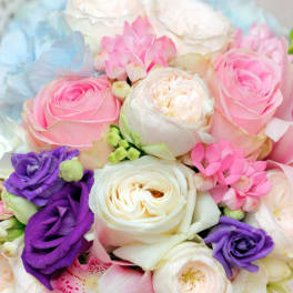 Close-up bouquet of pink, white, purple, and blue flowers