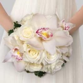 White bridal bouquet with roses and orchids
