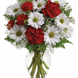 Red carnations and white daisies in a clear glass vase