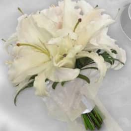 White lily bouquet with sheer ribbon wrap