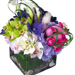 Bouquet of orchids, roses, and hydrangeas in a square vase