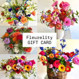 Fleurelity gift card design over a collage of bright mixed floral arrangements in vases and a basket