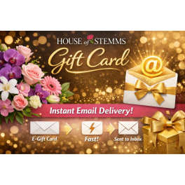 House of Stemms gift card graphic with flowers and gold gift boxes