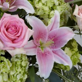 Pink roses and lilies arranged with pale green hydrangeas
