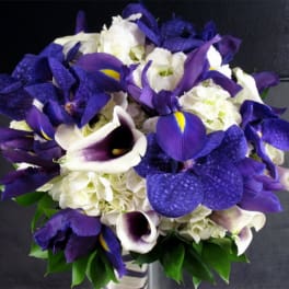 Bouquet of purple irises, white hydrangeas, and white calla lilies