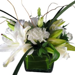 White lilies and ruffled white blooms in a green vase