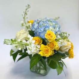 Blue hydrangea and yellow roses in a glass vase