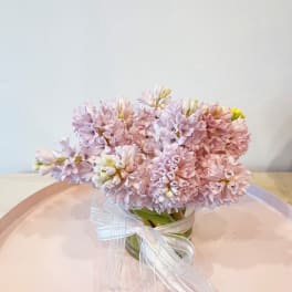 Pink hyacinth bouquet in a clear glass vase with a sheer ribbon