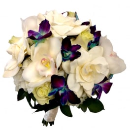 White rose and orchid bouquet with purple-blue accents