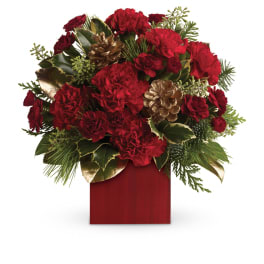 Red carnation arrangement with gold pinecones in a red cube vase