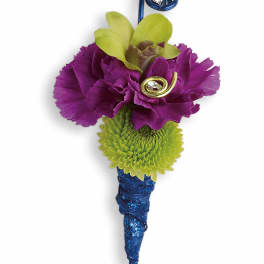 Purple and green boutonniere with blue wrap and decorative wire